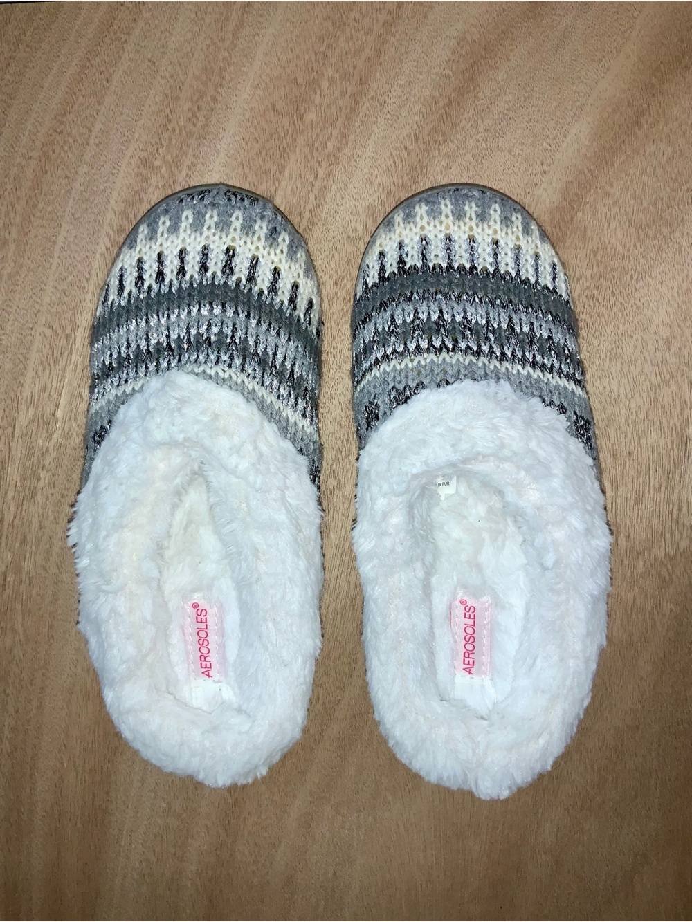 Aerosoles Women’s Slippers Size L 8-9 Fair Isle Knit Faux Fur Clogs Gray Cream